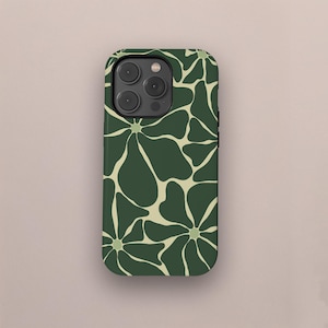 May include: A smartphone case with a floral design. The case has a dark green backdrop with a repeating pattern of stylized flowers in a lighter green. The phone case has a black camera module.