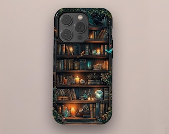 Bookshelf Phone Case, Book Lover Cover for iPhone 17 16 15 14 13 12 11 Pro Max, Samsung S25 S24 S23 Ultra, Witchy Dark Academia Aesthetic