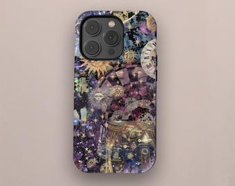 May include: A phone case with a celestial design featuring suns, moons, stars, and clock faces in gold and white against a purple and black background. The case has a glossy finish and a camera cutout.