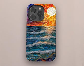 Custodia rigida per telefono con stampa illusionistica in finto vetro colorato con onde e raggi solari per iPhone 16, 15, 14, 13, 12, 11 Pro Max, Samsung S25, S24, S23, S22 Ultra