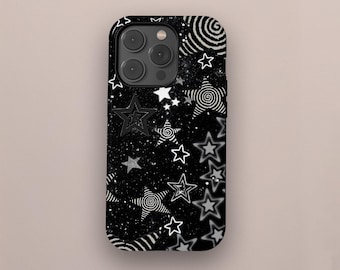 May include: Black phone case featuring a repeating pattern of white stars and spiral designs. The case has a glossy finish and a black camera module. The design includes various star shapes and spiral elements, creating a celestial theme.