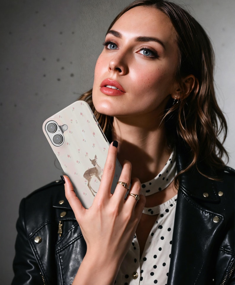 May include: A phone case featuring a watercolour deer illustration and small pink flowers on a light background. The case has a camera cutout. The case is held in front of a person.