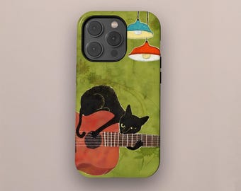 Gitarre Gitarren Hülle, Kunstseide Katze, iPhone 17 16 15 14 13 12 11 Pro Max, Samsung Galaxy S25 S24 S23 S22