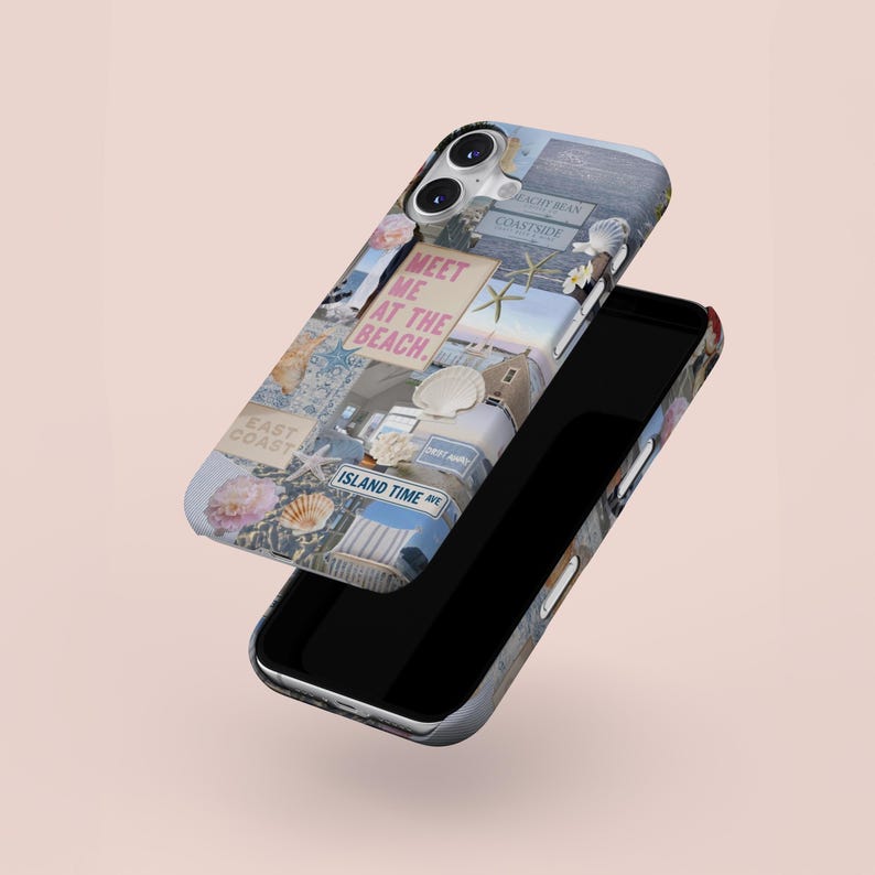 May include: A phone case with a collage of images and text, including "Meet me at the beach", "Island Time Ave", and "East Coast".