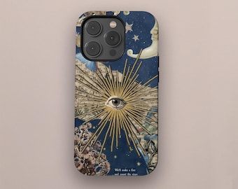 Mystic Celestial Eye Phone Case, Retro Boho Sun & Moon Astrology Art, iPhone 17 16 15 14 13 12 11 Pro Max, Samsung Galaxy S25 S24 S23 Ultra