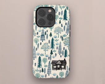 Cozy Cabin Winter Forest Pattern Phone Case, Nature Tree Woodland Aesthetic Cover For iPhone 17 16 15 14 13 12 11 Pro Max, Samsung S25 S24