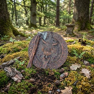 May include: A circular wooden shield featuring a carved wolf head at the centre surrounded by intricate knotwork patterns, paired with a matching hand axe with a metal blade and a carved wooden handle, both displaying detailed relief designs.