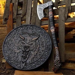 Handmade Viking Axe with Carved Wolf Pommel and Leather wrap Custom Etched Norse Tomahawk and Hand-Carved Wooden Shield Wall Art set