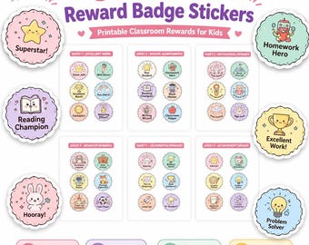 May include: A set of 36 school reward badge stickers featuring pastel-colored scalloped edges and various illustrations like stars, trophies, and animals. The text includes phrases such as Superstar, Reading Champion, and Homework Hero.