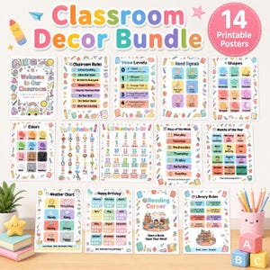 May include: A classroom decor bundle featuring 14 printable posters with educational themes including alphabet, numbers 1-20, colors, shapes, days of the week, months of the year, weather, classroom rules, voice levels, hand signals, and library rules.