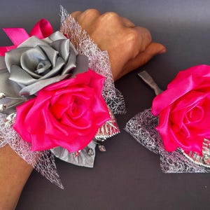 Hot neon fluorescent pink and silver Wrist Corsage Boutonnière Set Wedding Prom Corsage Bridesmaid Corsage Homecoming Flower Alternatives