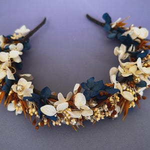 Navy Blue Terracotta Gold Dried Flower Bridal Headband – Wedding Floral Crown – Boho Brautkrone – Bridesmaid & Flower Girl Hair Accessory