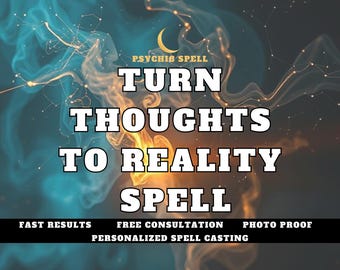 May include: An advertisement with a teal and gold background. The text reads "PSYCHIB SPELL TURN THOUGHTS TO REALITY SPELL." Additional text at the bottom states "FAST RESULTS, FREE CONSULTATION, PHOTO PROOF, PERSONALIZED SPELL CASTING."