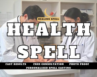 May include: Two people wearing white lab coats and face masks stand in a medical office. The text "HEALING SPELL" is in a gold crescent moon logo above the text "HEALTH SPELL" in large white letters. Below the text are the words "FAST RESULTS", "FREE CONSULTATION", "PHOTO PROOF", and "PERSONALIZED SPELL CASTING".