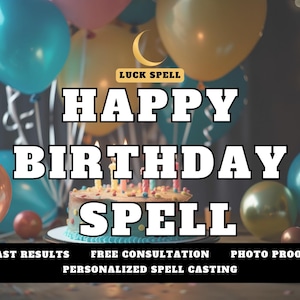 May include: A birthday cake with lit candles is the focal point, surrounded by colorful balloons in shades of blue, pink, and gold. The text "HAPPY BIRTHDAY SPELL" is prominently displayed, with additional text below.
