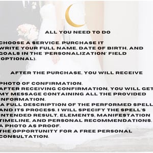 May include: Image with text: "ALL YOU NEED TO DO: Choose a service, purchase it. Write your full name, date of birth, and goals in the 'personalization' field. After purchase, you will receive a photo of confirmation and more."