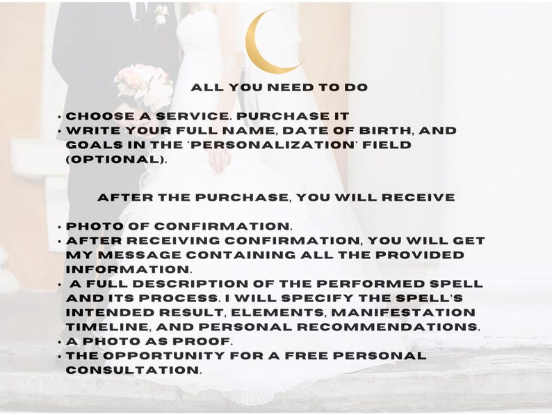 May include: Image with text: "ALL YOU NEED TO DO: Choose a service, purchase it. Write your full name, date of birth, and goals in the 'personalization' field. After purchase, you will receive a photo of confirmation and more."