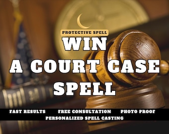 May include: A wooden gavel rests on a dark surface, with text that reads "WIN A COURT CASE SPELL". Additional text includes "PROTECTIVE SPELL", "FAST RESULTS", "FREE CONSULTATION", "PHOTO PROOF", and "PERSONALIZED SPELL CASTING".