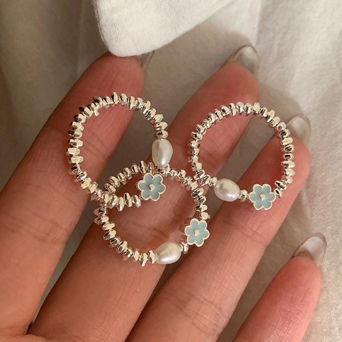 Original Design Glazed Flower Pearl Sterling Silver Ring, Niche Design, Minimalist and Sophisticated Ring for Women