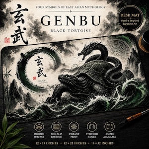 Puede incluir: Una alfombrilla de escritorio rectangular con una ilustración en blanco y negro estilo sumi-e de Genbu, la tortuga negra y la serpiente, entre olas turbulentas. El texto incluye 'GENBU', 'BLACK TORTOISE' y tamaños de 30x46, 30x56 y 41x81 cm.