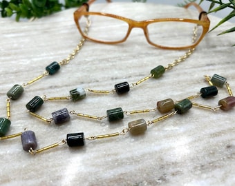 Fancy Jasper Gold Tone Beaded Eyeglass Chain; Lanyard for Eyeglasses or Sunglasses
