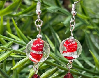 Red and Silver Glass Holiday Beaded Earrings; Elegant Dangle Drop Earrings