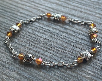 Handmade Crystal Turtle Charm Bracelet: Silver Chain Ocean Jewelry
