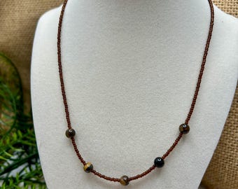 Elegant Tiger's Eye and Czech Glass Seed Beaded Necklace - Handmade Brown Boho Necklace