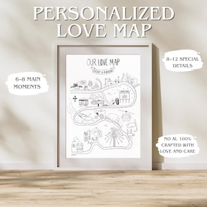 Puede incluir: Una impresión en blanco y negro enmarcada "Mapa de amor personalizado". El mapa presenta un diseño de carretera con ilustraciones de puntos de referencia y el texto "Our Love Map". Texto adicional incluye "6-8 Momentos principales", "8-12 Detalles especiales".