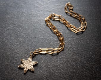 Hand Cut Hammered Brass Star Pendant Necklace: Midcentury Paperclip Chain