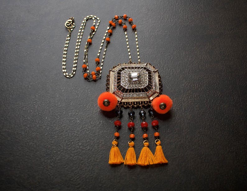 Orange Festival Tassel Necklace Pom Pom Fringe Boho Vintage Rhinestone Rosary Chain Repurposed Brass Red Navy Crystal Beaded Camel Swag