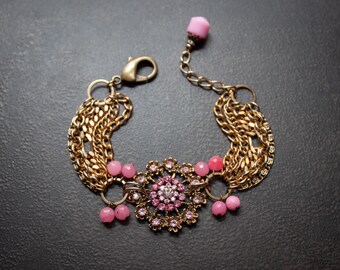 Pink Rhinestone Rosette Bracelet: Vintage Gold Chain, Mid Century Jade Beaded