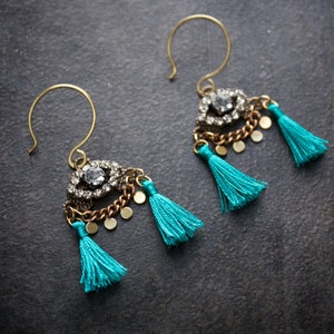 Rhinestone Evil Eye Earrings: Aqua Silk Tassel Brass Fringe