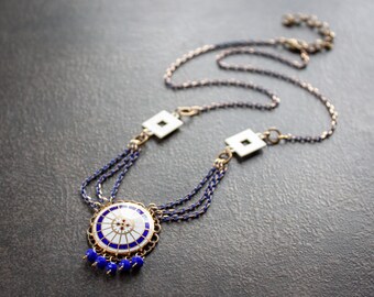 Blue and White Enameled Mandala Pendant Necklace: Bohemian Brass Assemblage