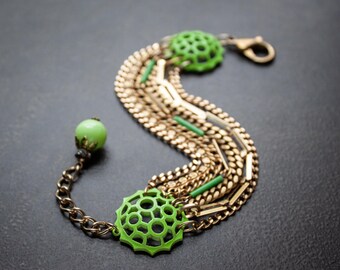 Acid Green Enameled Multi Strand Gold Chain Bracelet: Mid Century Modern