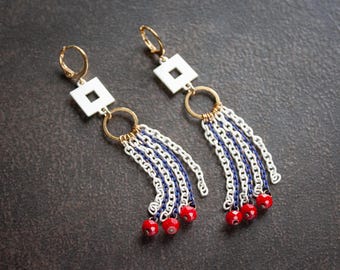 Blue & White Chain Dangle Earrings: Vintage Assemblage, Red Crystal