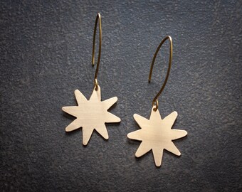 Hand Sawn Brass Retro Star Earrings Brass Hand Cut Hand Sawn Modern Contemporary Bohemian Boho Chic Geometric Satin Finish