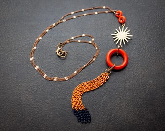 Boho Brass Star Tassel Necklace: Orange Acrylic Link, Mid Century Modern