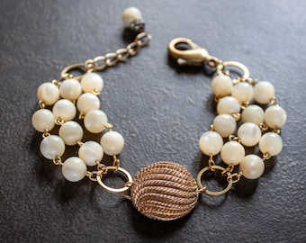 Mother of Pearl Assemblage Bracelet Vintage Gold Dome Multi Strand  Mid Century