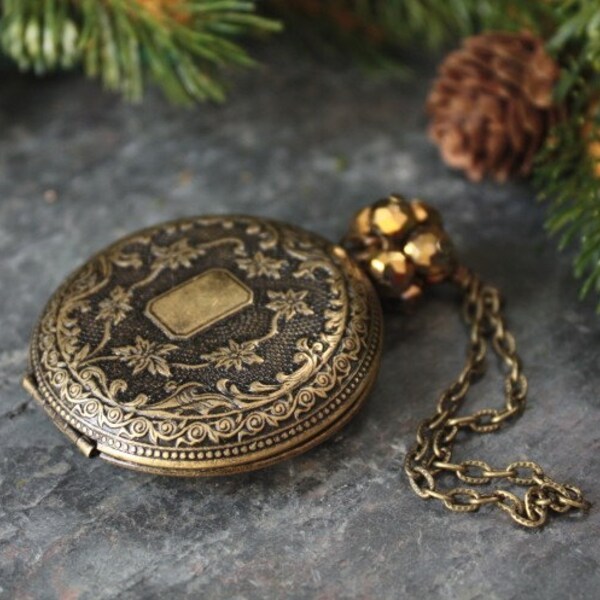 Antique Brass Locket Ornament with Faceted Crystal Rondelles