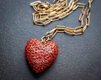 Orange Rhinestone Heart Necklace: Gold Paperclip Chain, Mid-Century Style