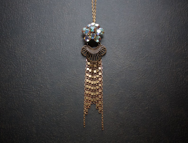 Rhinestone Cluster Chain Fringe Assemblage Necklace Vintage AB Rhinestone Flashy Scroll Chain Art Deco Edwardian