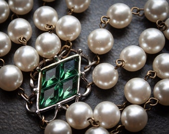 Fern Green Rhinestone and Vintage Pearl Assemblage Bracelet Mid Century Hunter Green Crystal Multi Strand Statement Bracelet