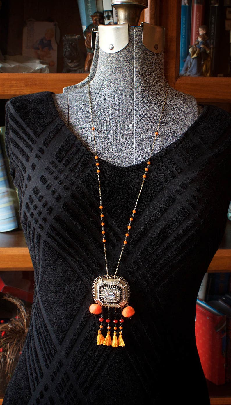 Orange Festival Tassel Necklace Pom Pom Fringe Boho Vintage Rhinestone Rosary Chain Repurposed Brass Red Navy Crystal Beaded Camel Swag