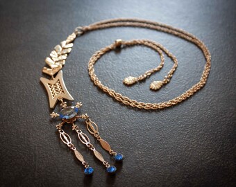 Pale Blue Rhinestone Snowflake Assemblage Pendant Necklace Vintage Gold Chain Modern Deco
