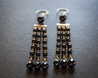 Long Black Beaded Shoulder Duster Earrings Bohemian Brass Dangle Vintage Beads Faceted Briolette Drops