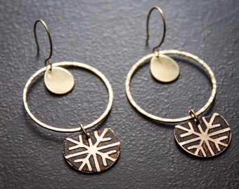 Geometric Etched Brass Hammered Earrings Snowflake Bohemian Brass Dangle