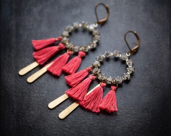 Coral Tassel Earrings Vintage Assemblage Rhinestone Chandeliers Tiny Tassel Fringe Geometric Brass Bohemian Festival Style Living Coral Pink