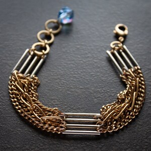 Vintage Multi Strand Curb Chain Bracelet: Gold Bar & Blue Crystal