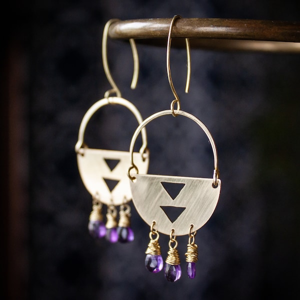 Pierced Brass Saddle Amethyst Briolettes Chandelier Earrings Modern Bohemian Boho Mid-Century Purple Chandeliers Brushed Metal